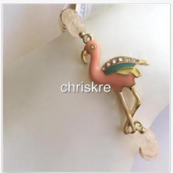 Pink Flamingo Charm Bracelet Freshwater White Pearl Palm Tree Gold Tone Beaded - Picture 3 of 9